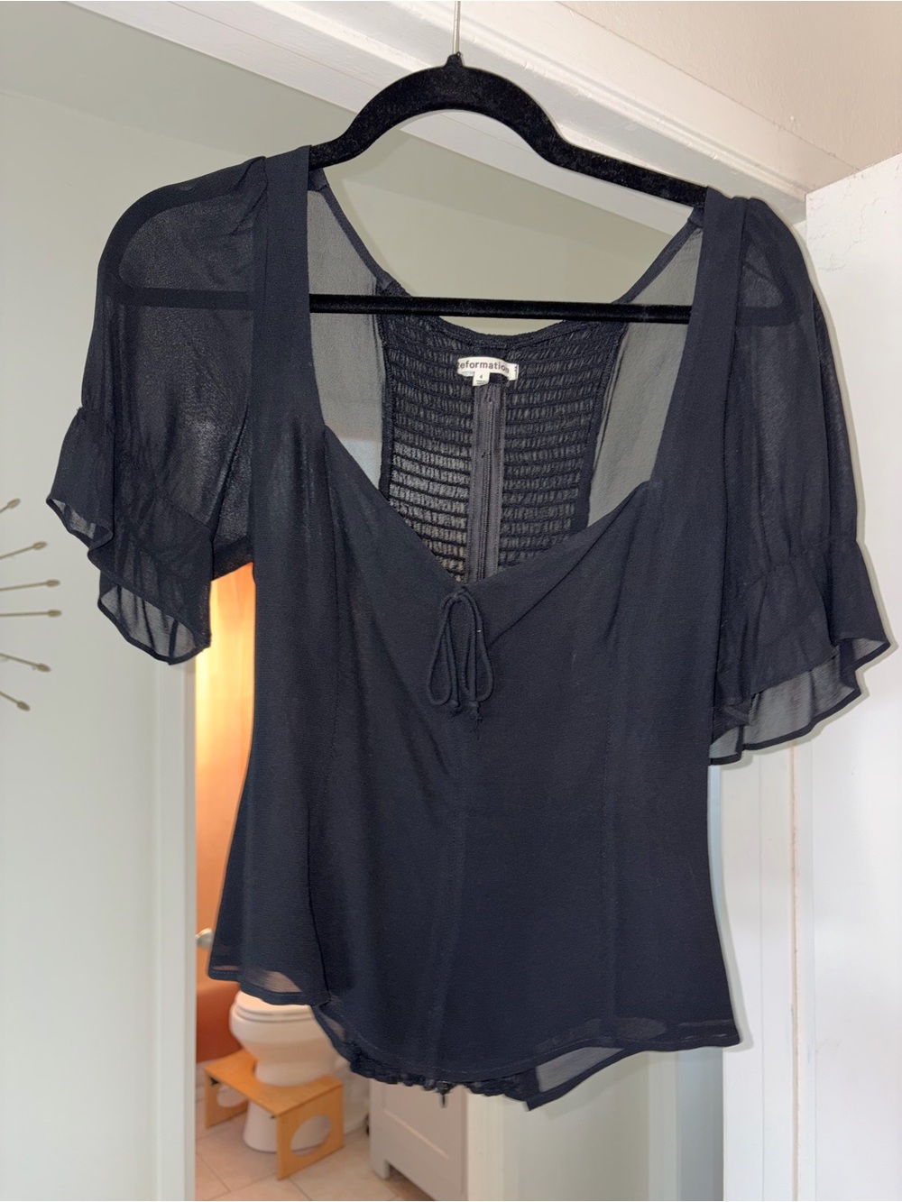 Reformation Black Sheer Flutter Sleeve Tie Blouse